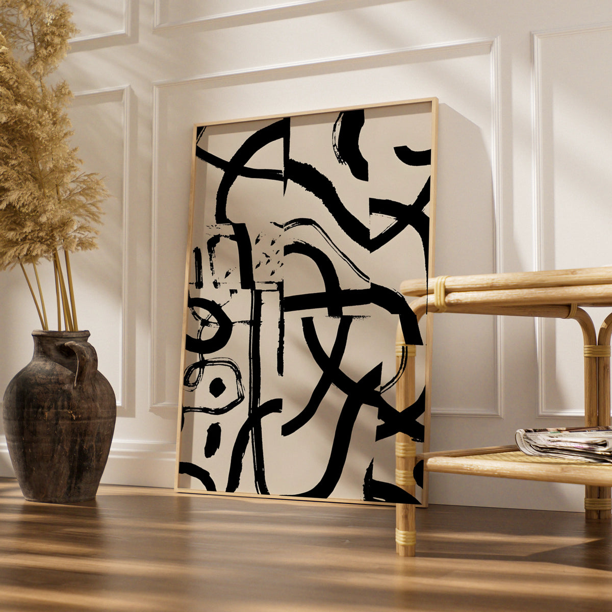 Abstract Brush Stroke Wall Art, Monochrome Black Cream Modern Print, Gallery Wall Poster