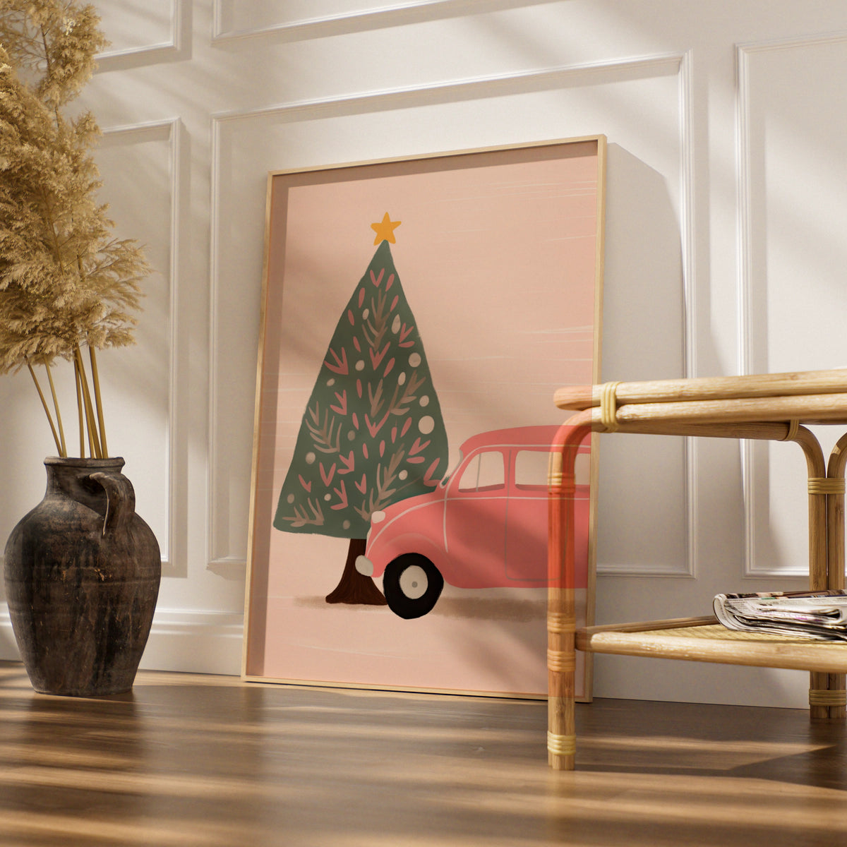 Pink Retro Car Christmas Poster, Festive Tree Wall Art, Cute Xmas Print, Holiday Home Decor