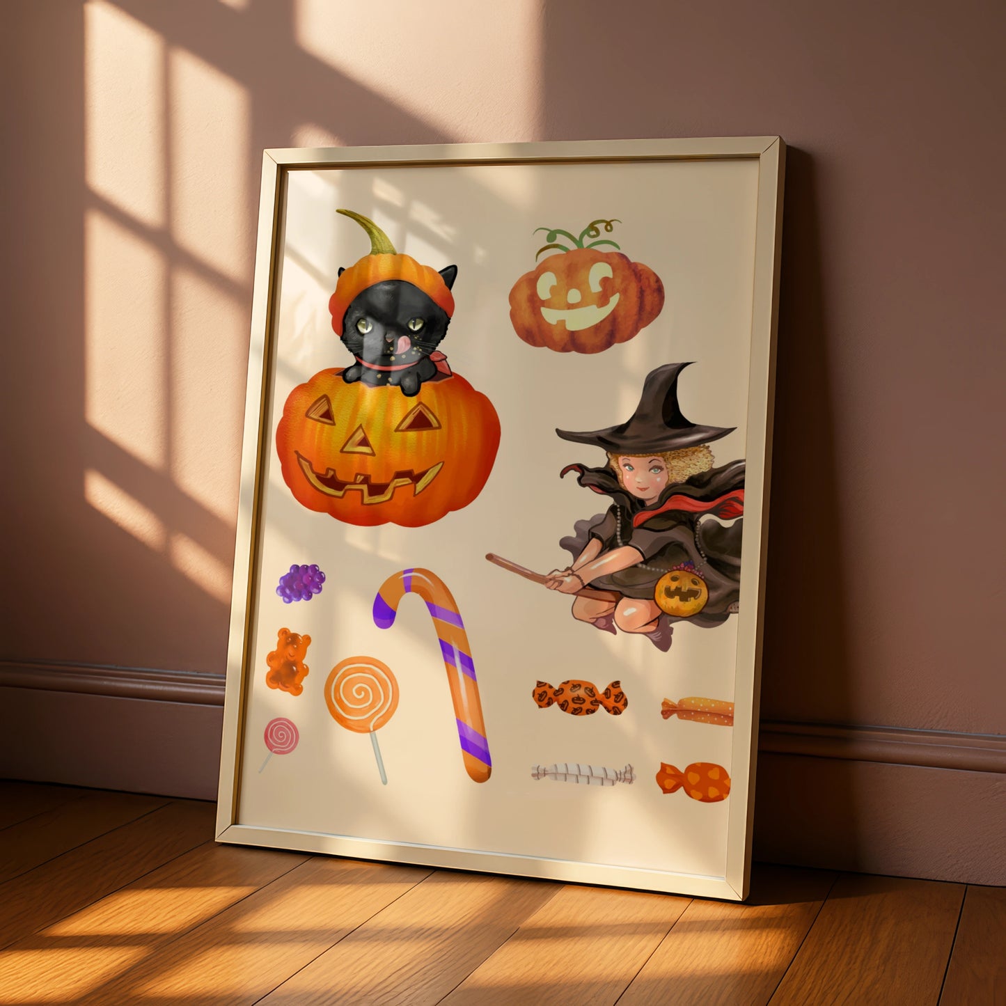Halloween Witch Black Cat Pumpkin Poster, Trick or Treat Candy Wall Art Print