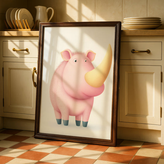 Cute Rhino Nursery Wall Art, Pink Rhinoceros Print, Children's Animal Poster, Kids Room Decor