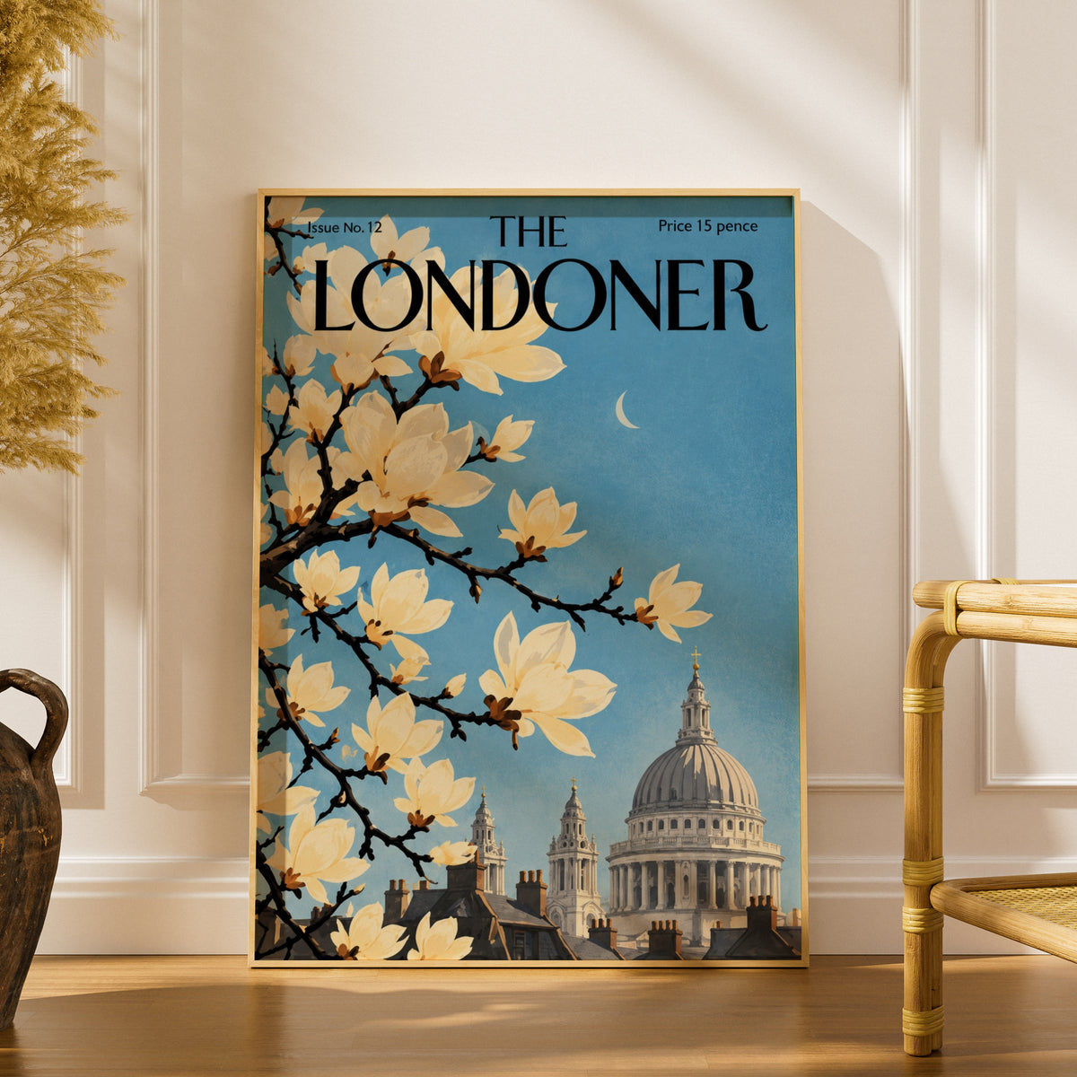 London Magnolia Blossom Poster, St Paul's Cathedral Wall Art, Vintage Magazine Cover Print