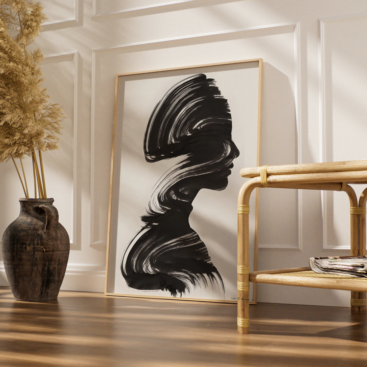Female Silhouette Monochrome Wall Art, Black and White Portrait Poster, Modern Brush Stroke Print