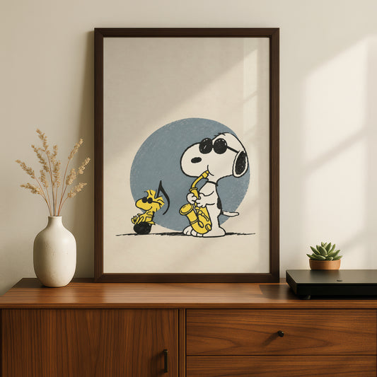 Retro Jazz Cartoon Dog Saxophone Poster, Vintage Music Wall Art, Blue Living Room Decor Print