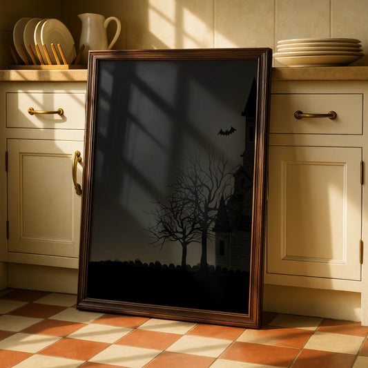 Halloween Haunted House Poster, Full Moon Bats Spooky Wall Art, Dark Gothic Print