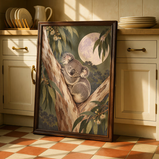 Sleeping Koala Eucalyptus Moon Print, Australian Wildlife Art, Nursery Wall Poster