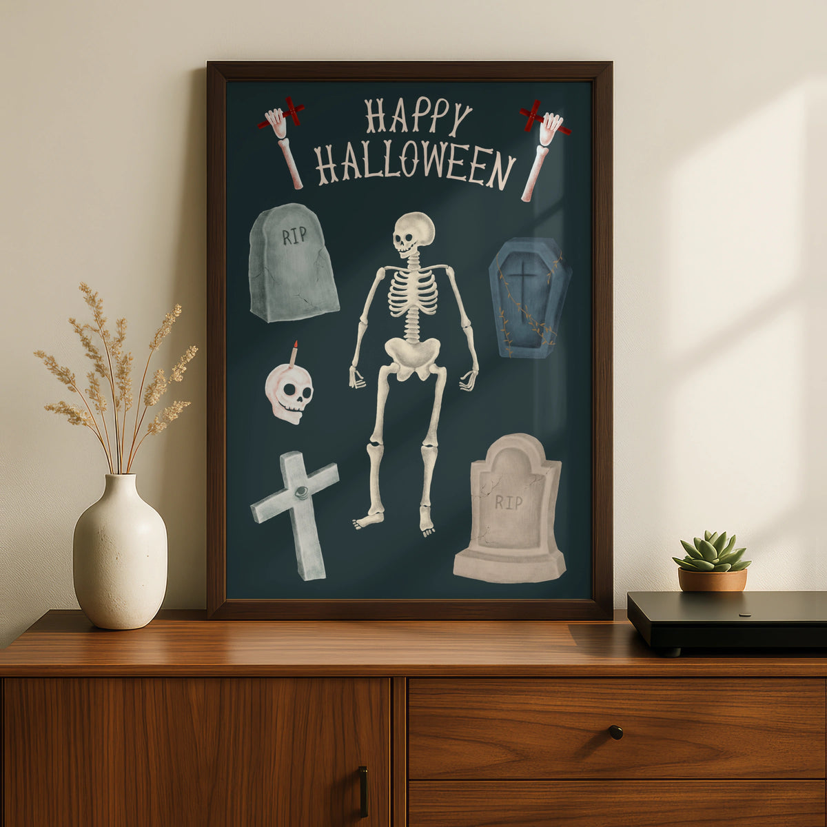 Happy Halloween Skeleton Poster, Spooky Wall Art, Skull Coffin Gravestone Print