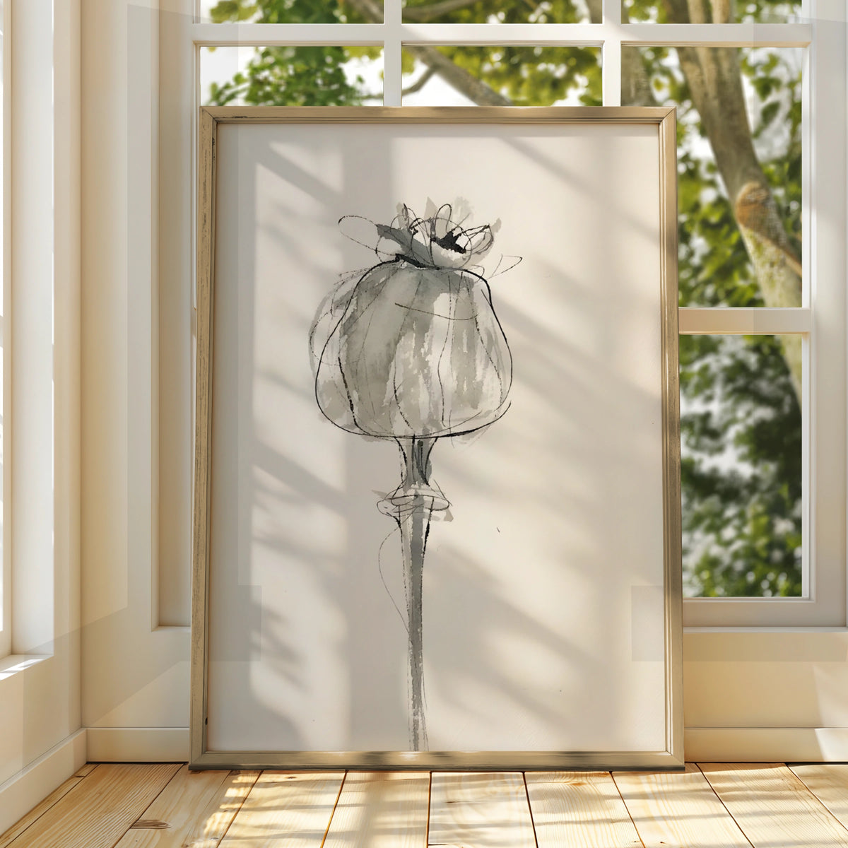 Poppy Seed Head Print, Monochrome Wall Art, Botanical Black and White Poster, Minimalist Floral