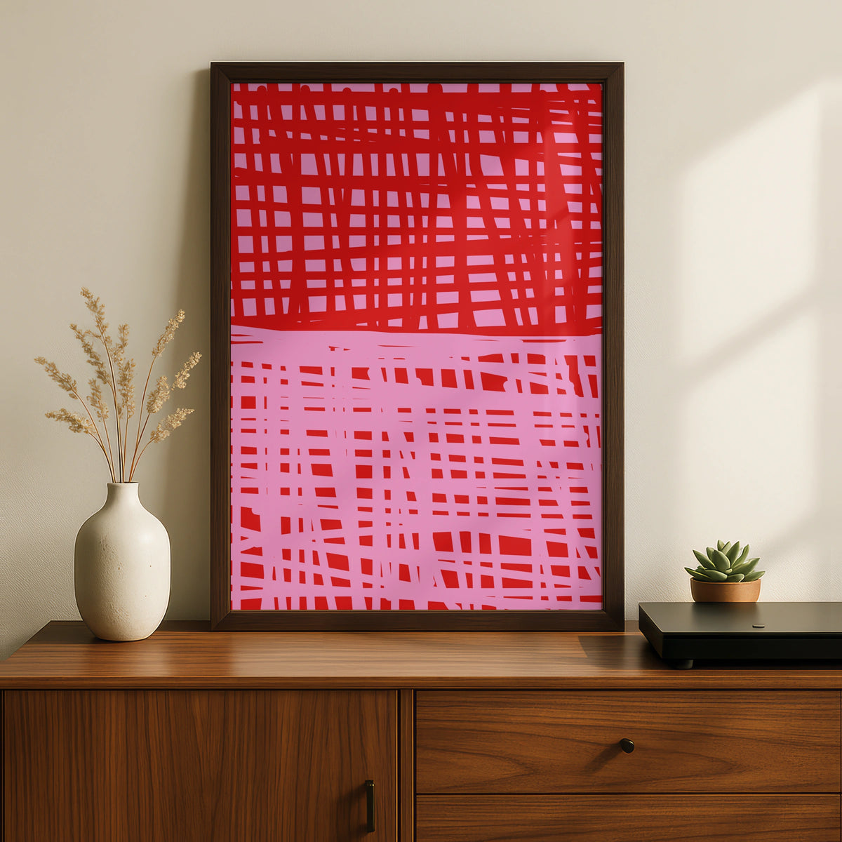 Maximalist Red Pink Grid Pattern Poster, Bold Abstract Wall Art, Modern Graphic Print