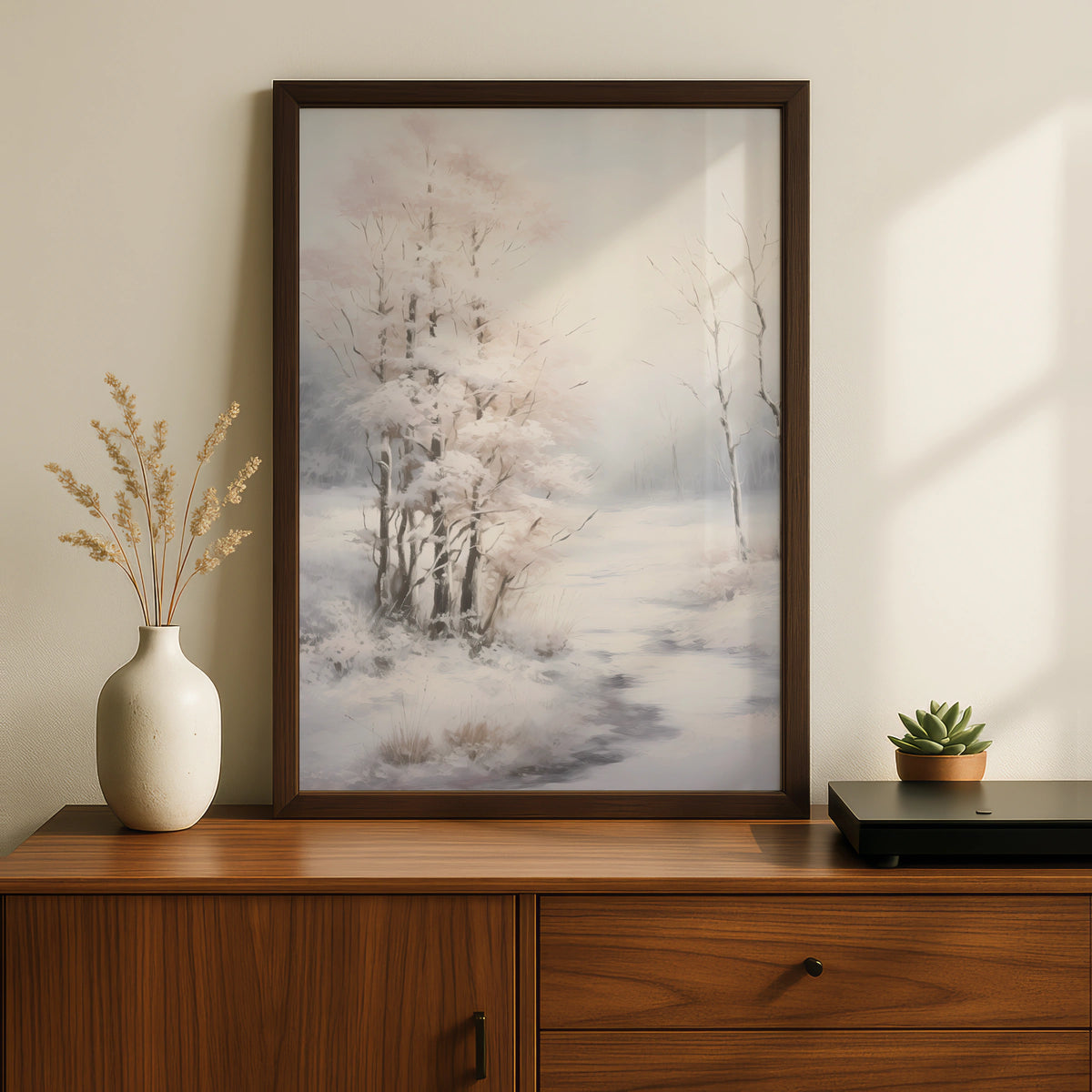 Christmas Winter Landscape Poster, Snowy Trees Wall Art, Neutral Festive Print, Minimalist Xmas