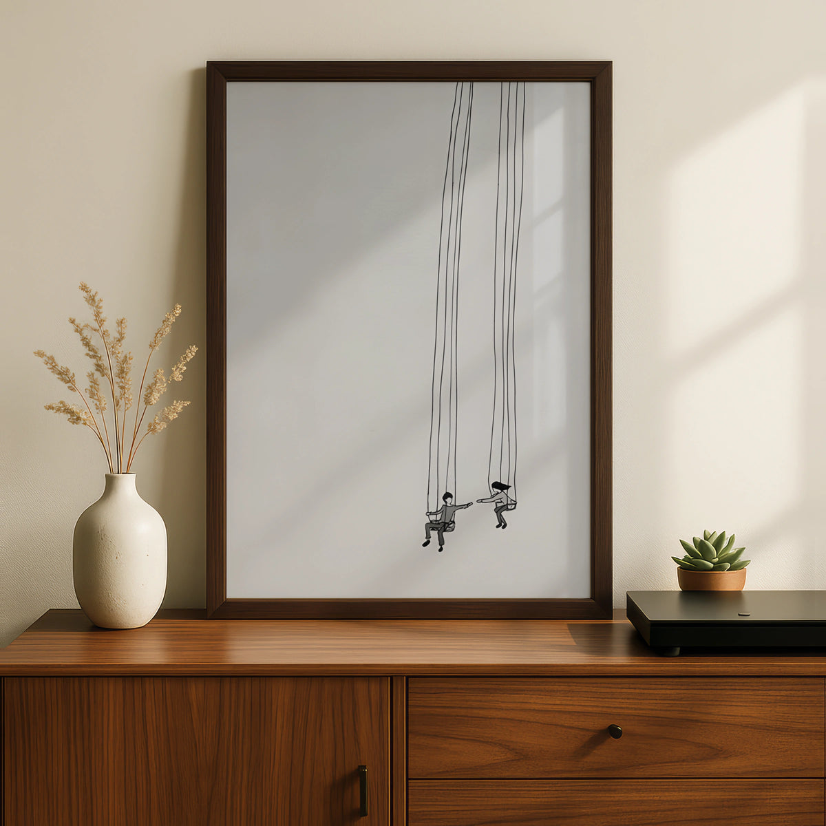 Couple on Swings Monochrome Wall Art, Minimalist Black and White Poster, Modern Neutral Print