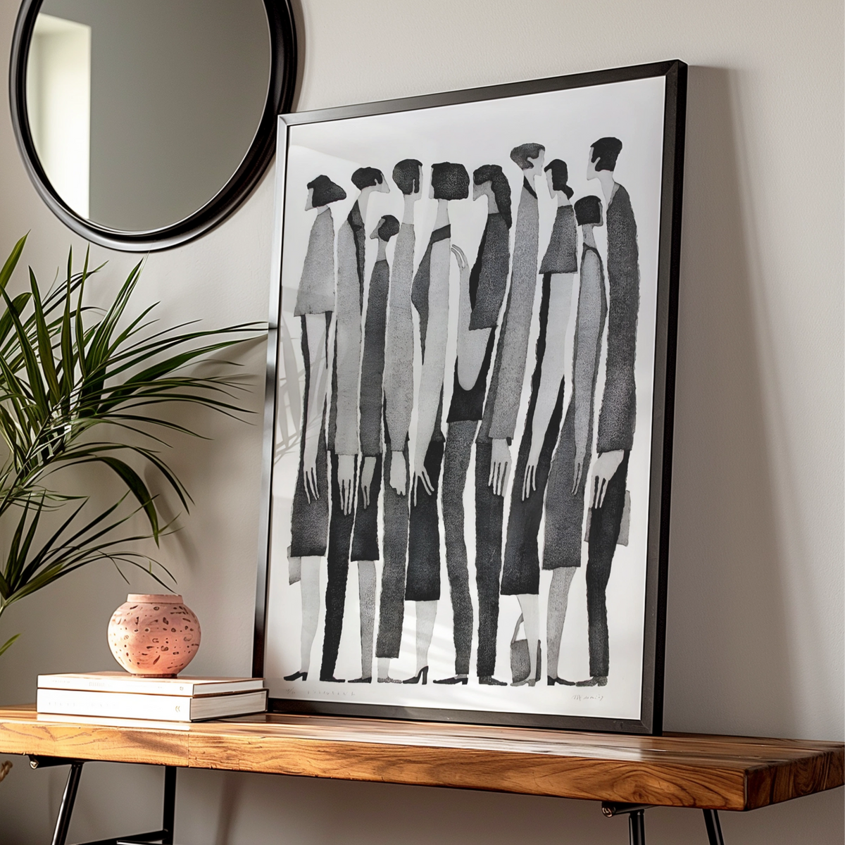 Monochrome Figures Poster, Abstract People Wall Art, Black and White Minimalist Print