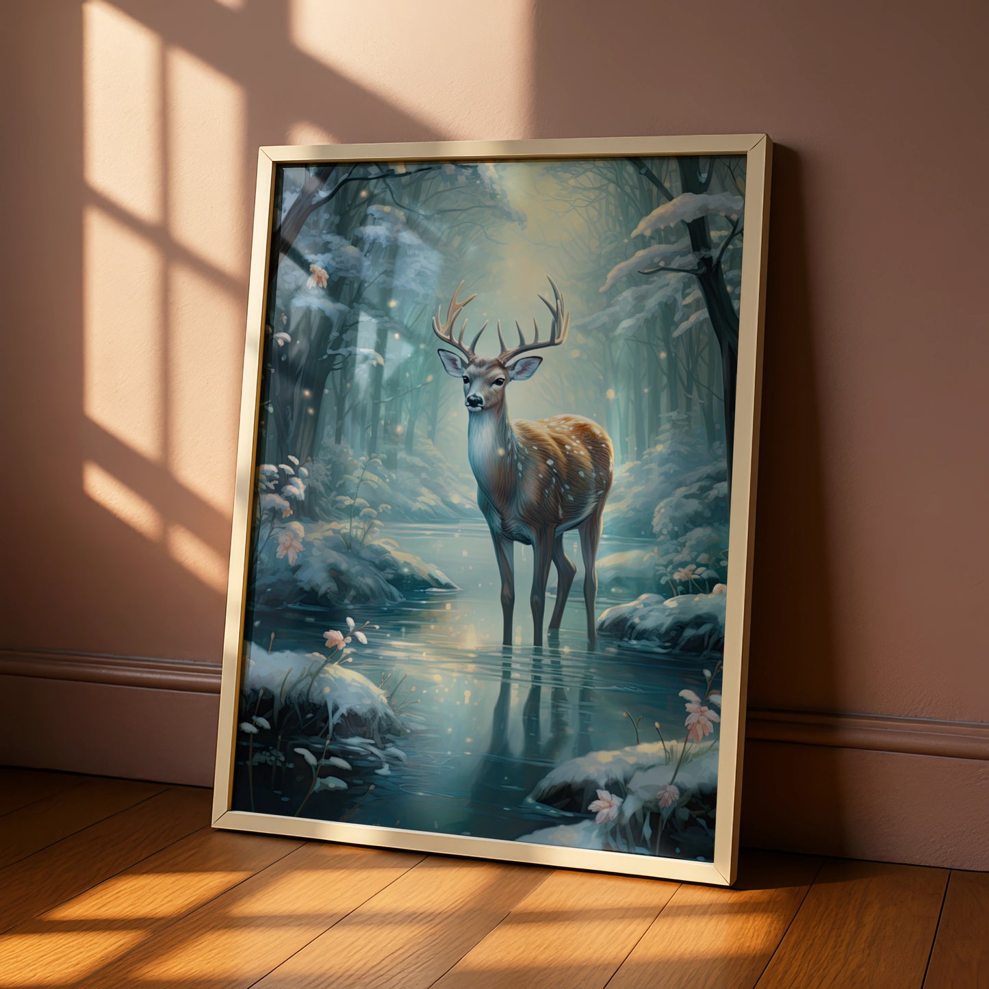 Christmas Deer Poster, Winter Forest Stag Wall Art, Magical Snow Scene, Festive Nature Print