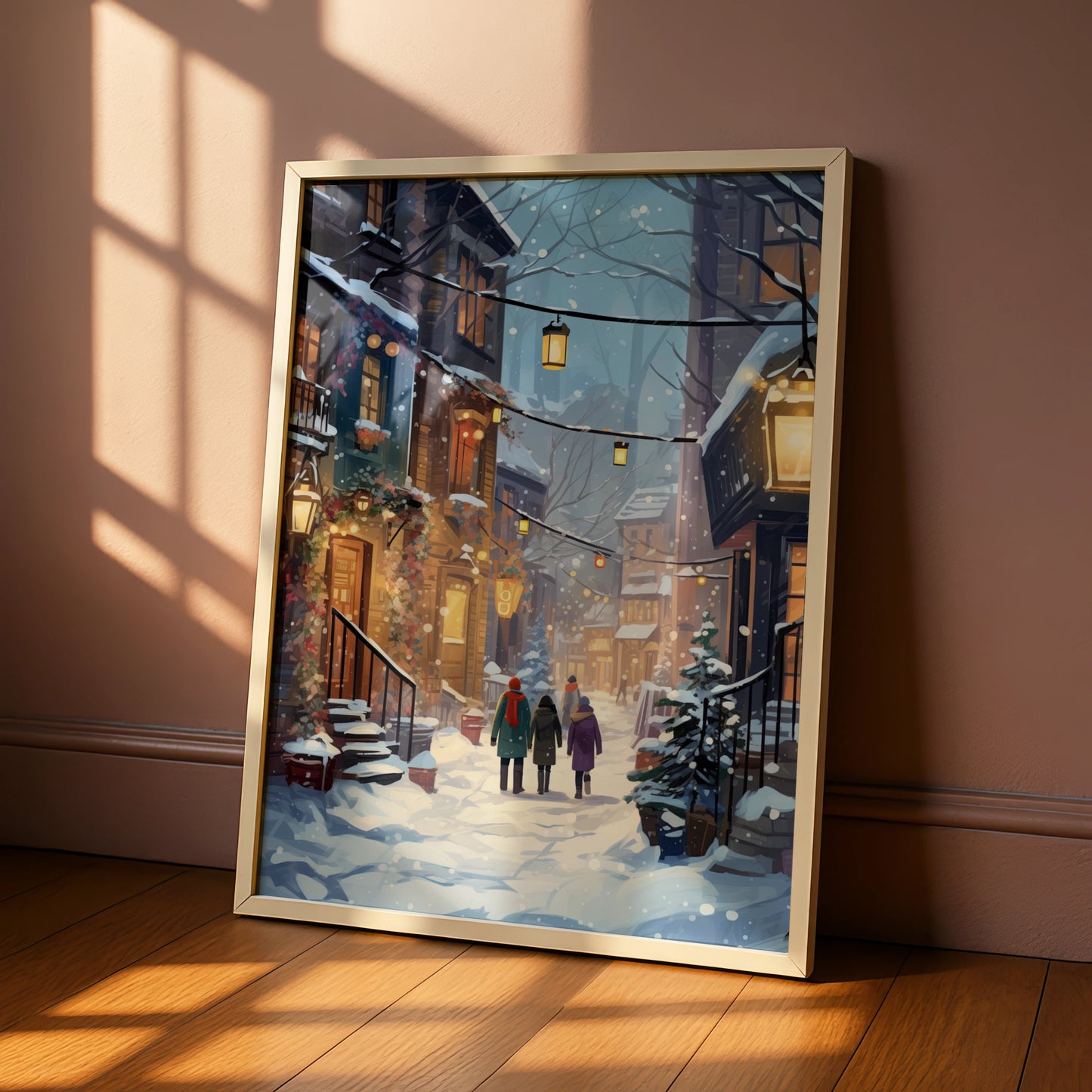 Christmas Village Street Poster, Snowy Winter Scene Wall Art, Festive Holiday Print