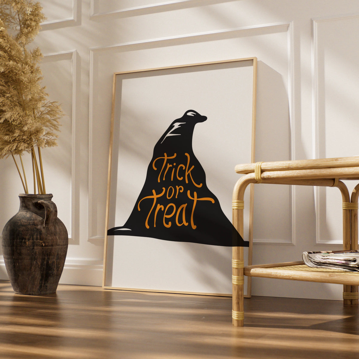 Trick or Treat Halloween Poster, Witch Hat Wall Art, Black Orange Spooky Print