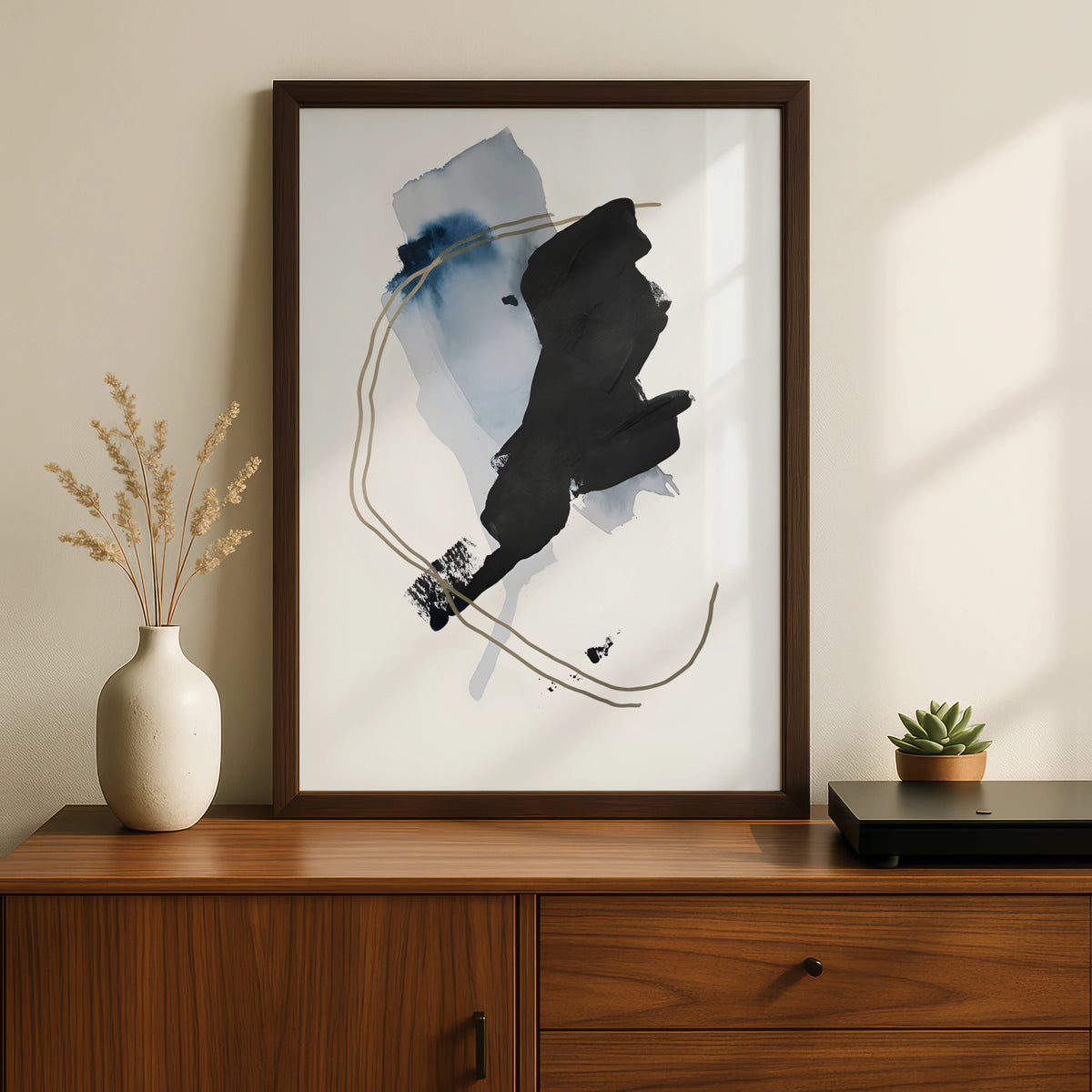 Abstract Monochrome Wall Art, Black Blue Gold Brush Stroke Print, Modern Poster