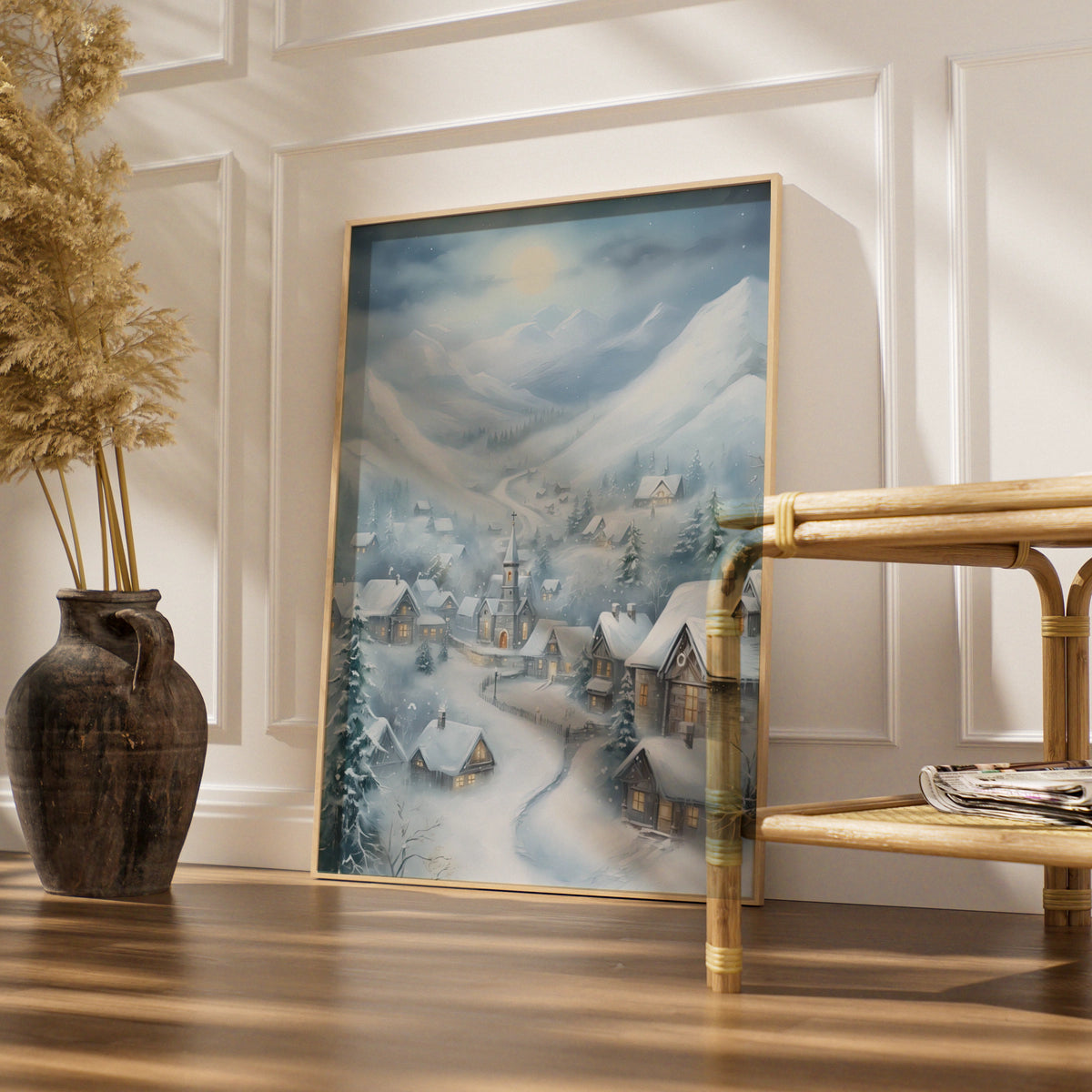 Christmas Village Poster, Snowy Winter Scene Wall Art, Festive Holiday Print, Blue Grey Cottage