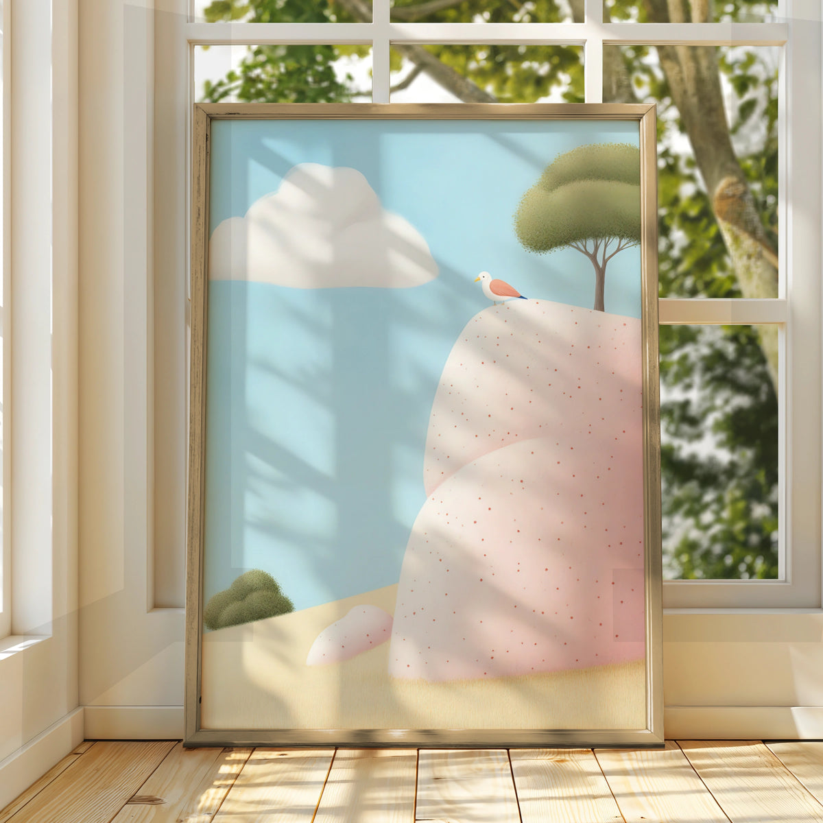 Bird on Pink Rock Nursery Wall Art, Whimsical Nature Print, Pastel Baby Room Poster