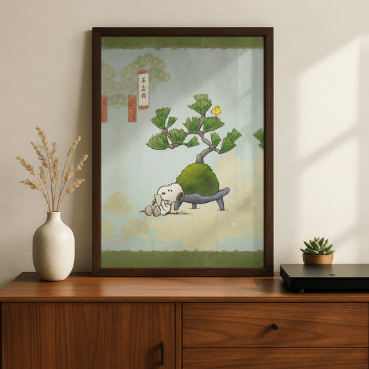 Japanese Bonsai Pine Poster, Cartoon Dog Wall Art, Powder Blue Kokedama Art Print for Bedroom