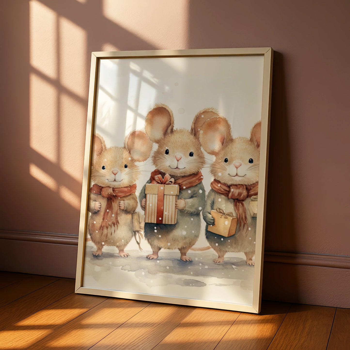 Christmas Mouse Poster, Cute Mice with Gifts Winter Wall Art, Watercolour Xmas Animal Print