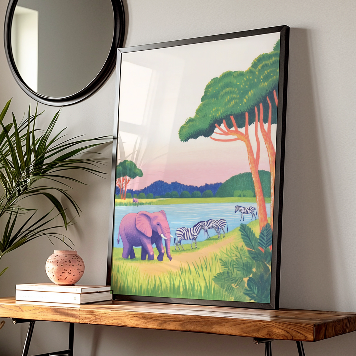 Safari Nursery Wall Art, Elephant Zebra Print, Colourful Animal Poster for Kids Room Decor — Digital Download