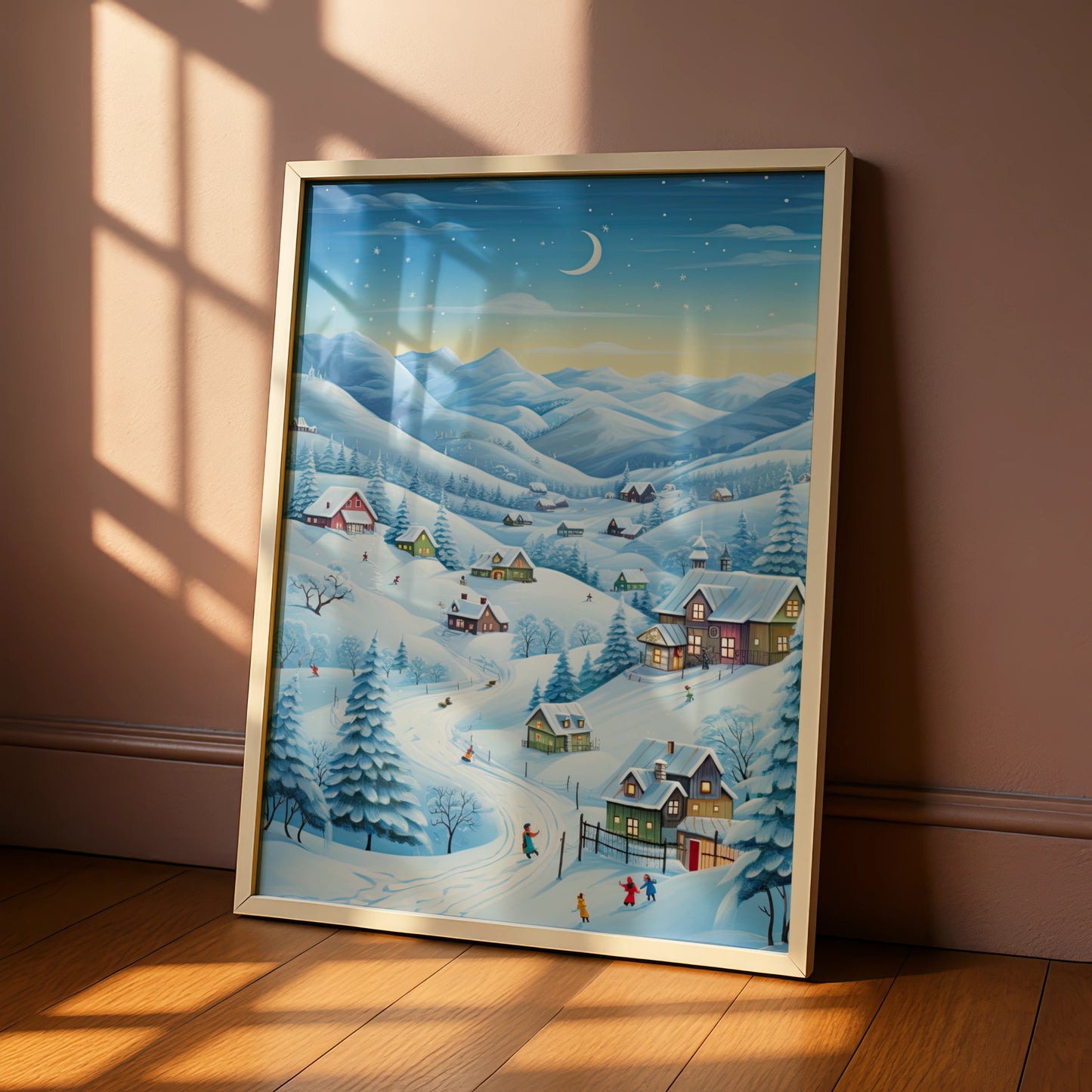 Christmas Village Winter Scene Poster, Snowy Landscape Wall Art, Festive Holiday Print