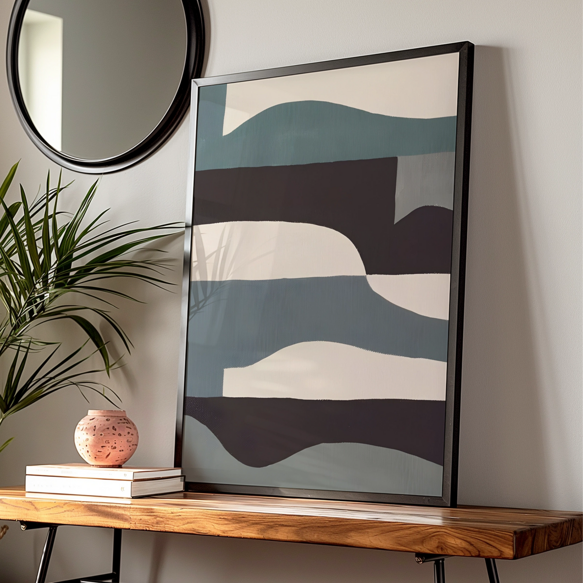 Abstract Wave Art Print, Modern Monochrome Poster, Teal Black Neutral Wall Art, Gallery Wall Print
