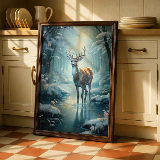 Christmas Deer Poster, Winter Forest Stag Wall Art, Magical Snow Scene, Festive Nature Print