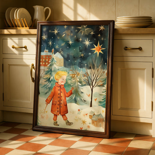 Christmas Poster Boy in Snow, Festive Winter Stars Wall Art, Whimsical Holiday Print for Kids