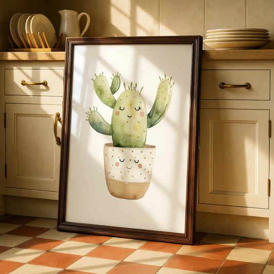 Cute Cactus Nursery Wall Art, Kawaii Watercolour Plant Poster, Kids Room Green Decor Print