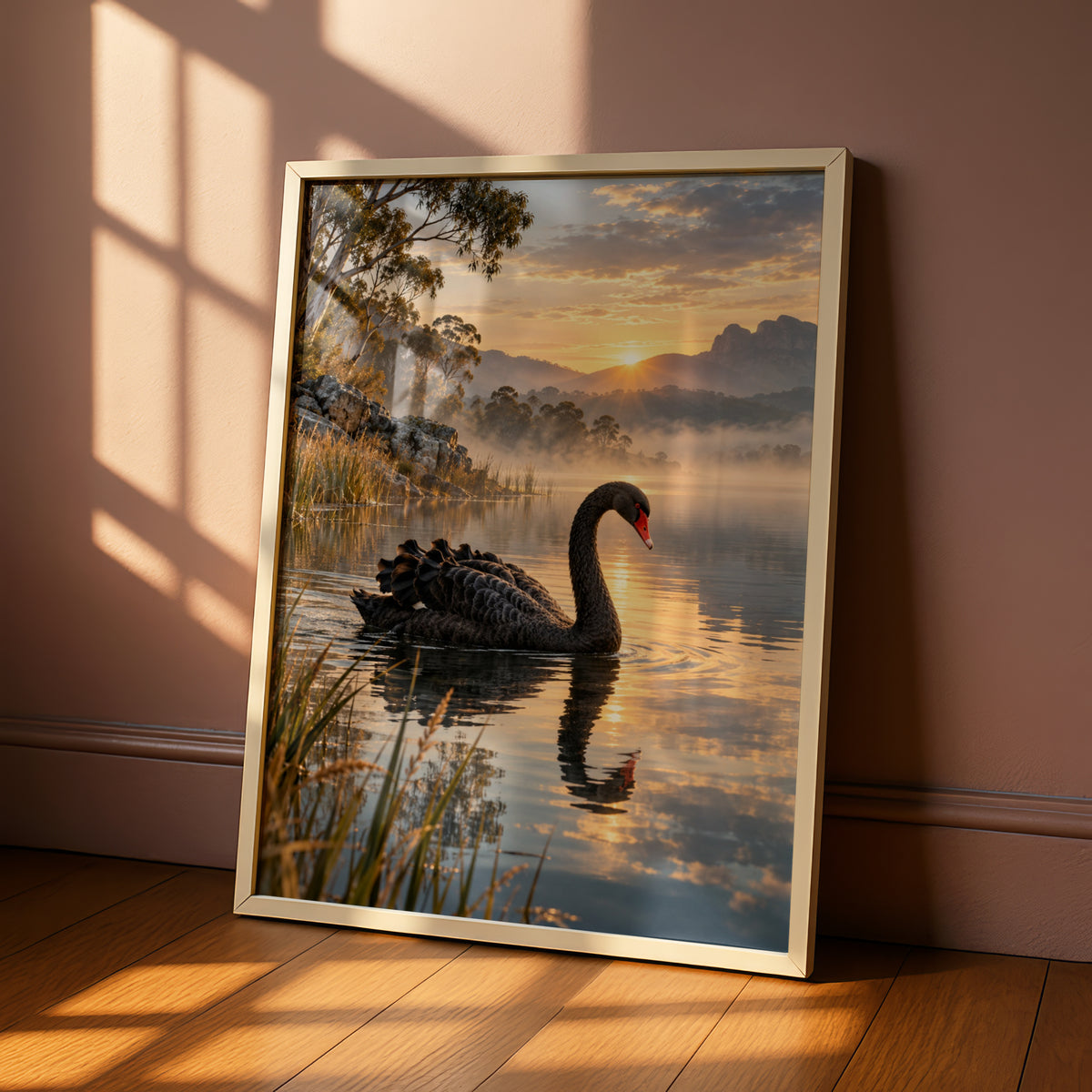 Black Swan Lake Sunrise, Australian Landscape Print, Wildlife Wall Art, Nature Poster