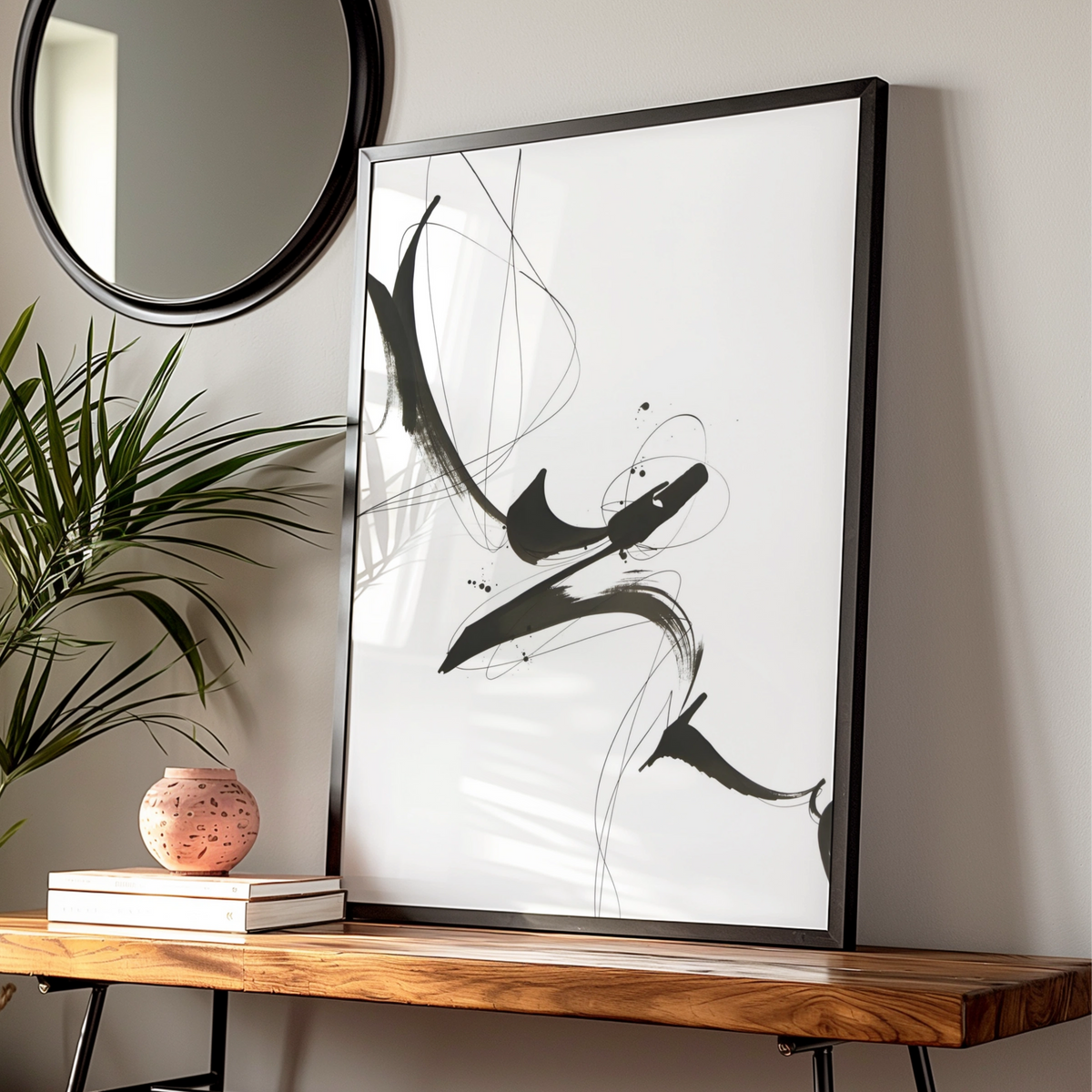Abstract Ink Brush Stroke Print, Monochrome Wall Art, Black and White Minimalist Poster