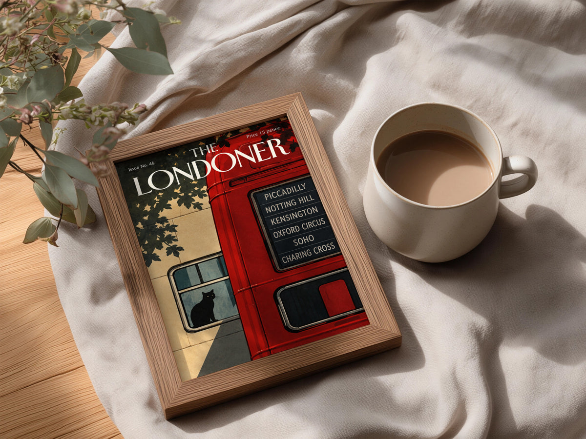 London Bus Poster, Black Cat Wall Art, Vintage Magazine Cover Art Print, Red Bus Piccadilly