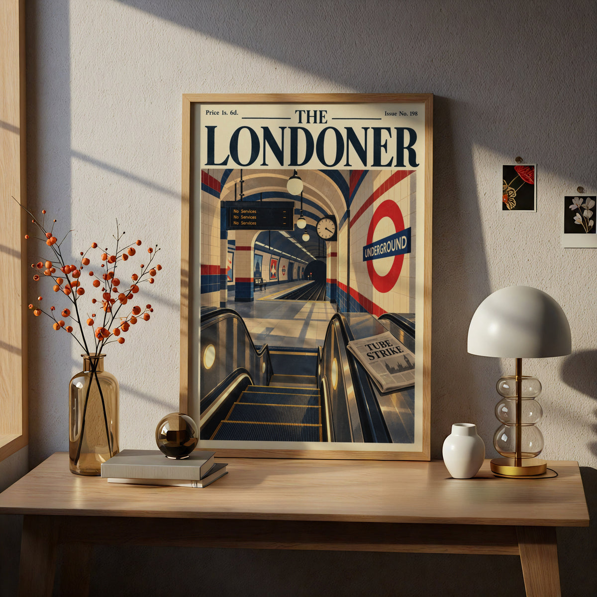 London Tube Station Poster, Retro Magazine Cover Wall Art, Escalator Illustration, Transport Print