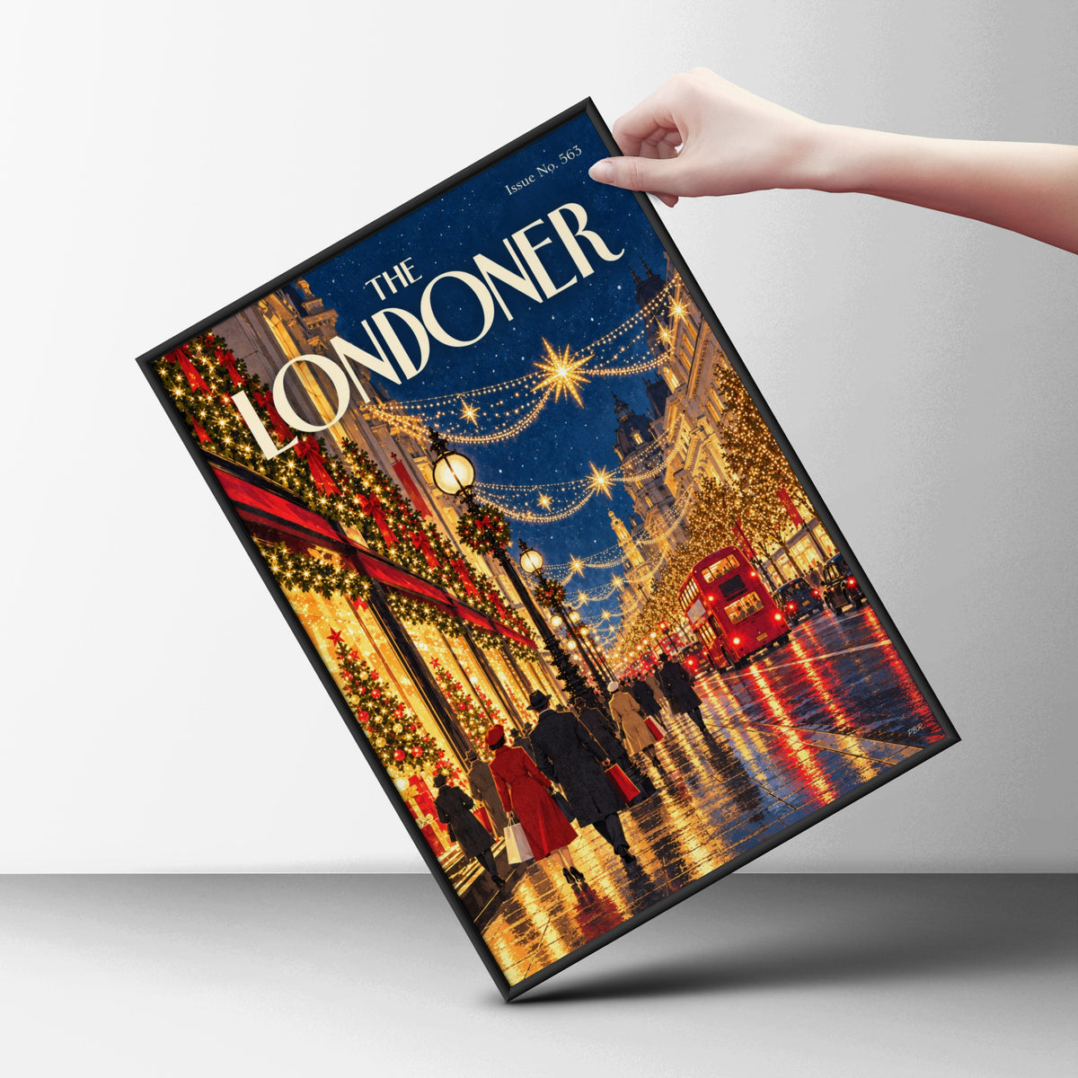 London Christmas Poster, Festive Street Wall Art, Red Double Decker Bus Print, Vintage Magazine