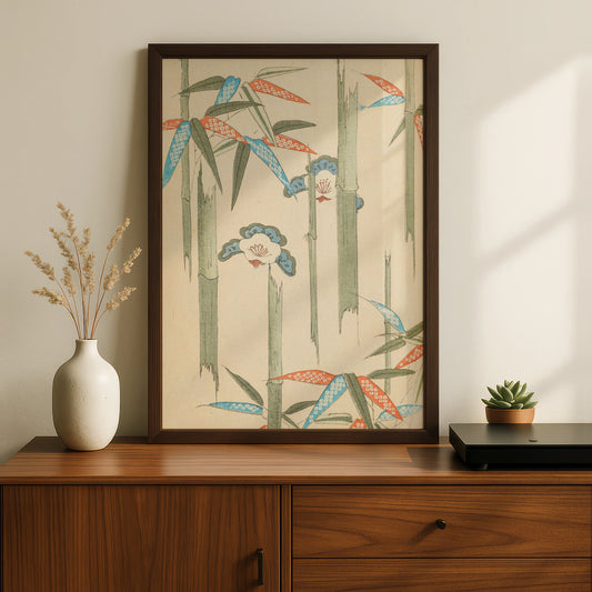 Japanese Botanical Print, Bamboo Floral Wall Art, Vintage Woodblock Poster, Japandi Decor – A5 Black frame