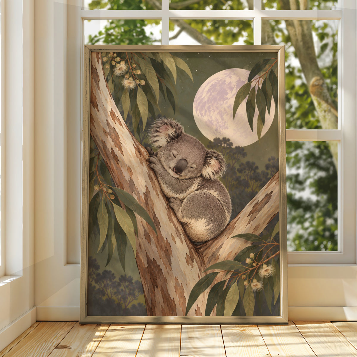 Sleeping Koala Eucalyptus Moon Print, Australian Wildlife Art, Nursery Wall Poster