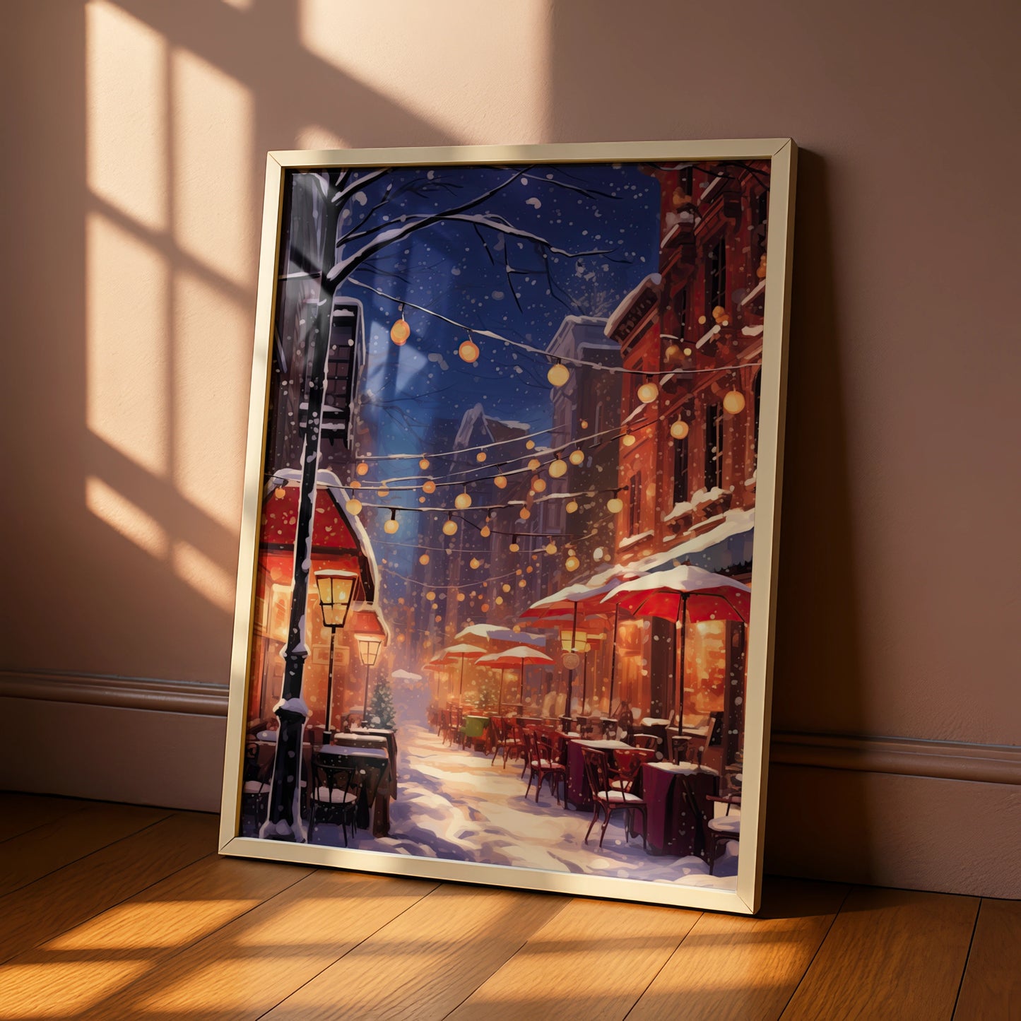 Christmas Street Scene Poster, Snowy Winter Night Wall Art, Festive City Lights Print