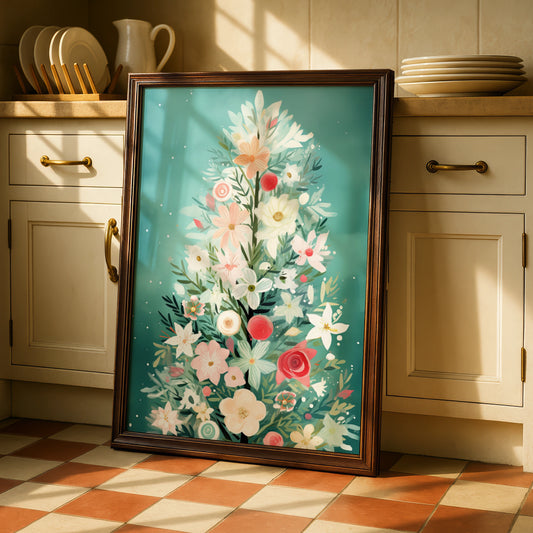 Floral Christmas Tree Poster, Botanical Xmas Wall Art, Pastel Teal Festive Print