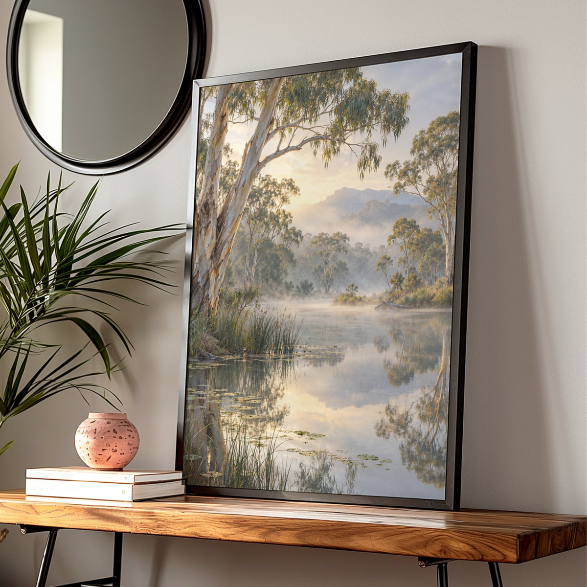 Australian Landscape Print, Misty River Gum Trees, Nature Wall Art, Eucalyptus Waterscape Poster — Digital Download