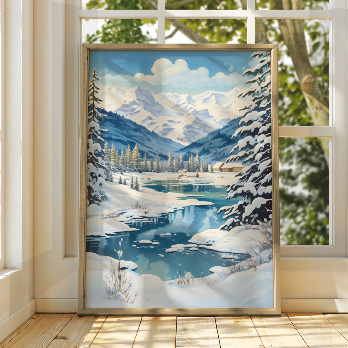 Christmas Winter Landscape Poster, Snowy Mountain Scene, Blue Festive Wall Art Print