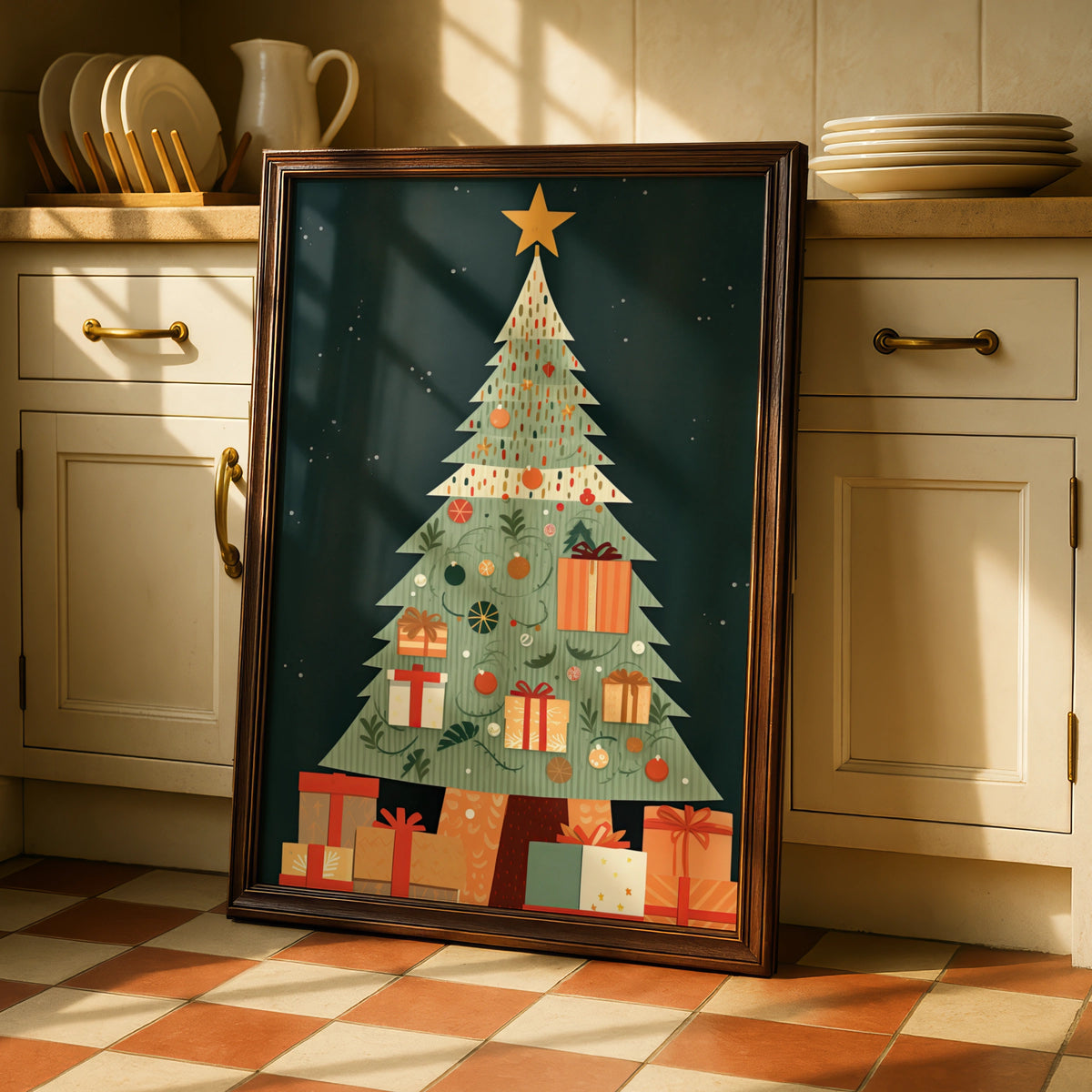 Christmas Tree Poster, Festive Gift Wall Art, Retro Xmas Print, Green Red Holiday Home Decor