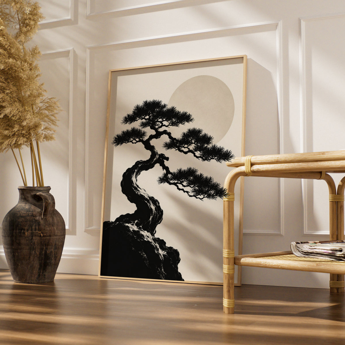 Bonsai Tree Moon Print, Monochrome Wall Art, Japanese Pine Minimalist Poster, Neutral Gallery Wall