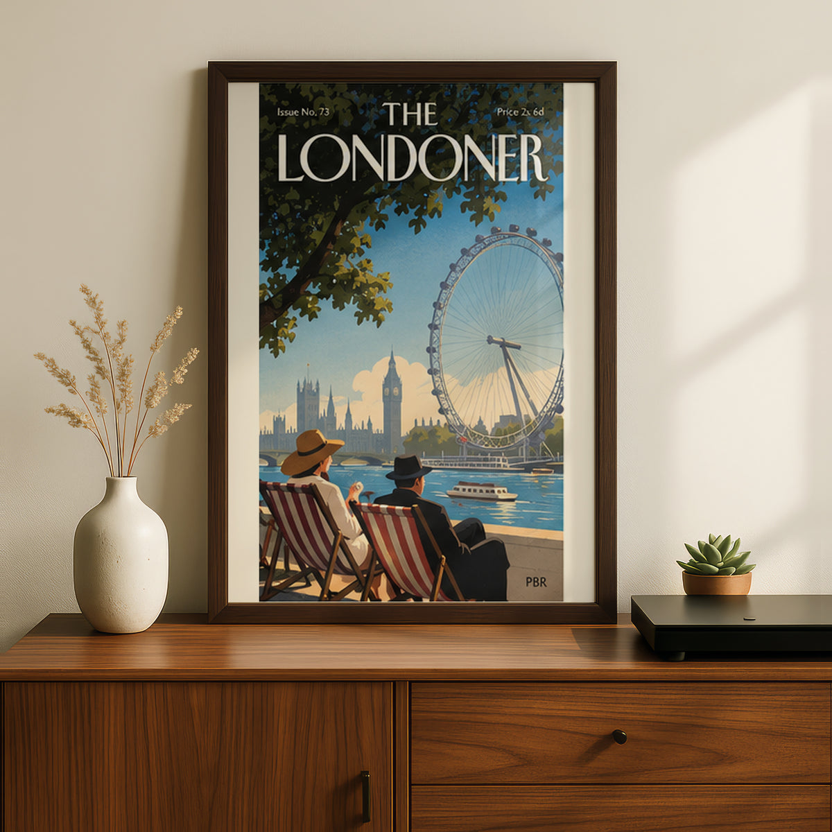 London Eye Poster, Vintage London Wall Art Print, Magazine Cover Style, Thames Riverside Deckchairs