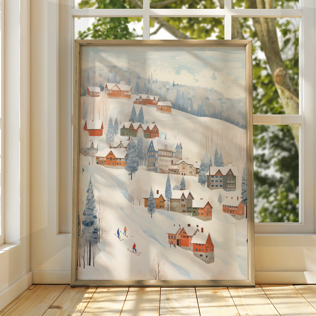 Christmas Winter Village Poster, Snowy Ski Scene Wall Art, Festive Holiday Print, Cosy Xmas Decor