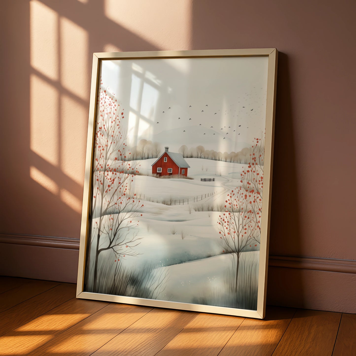 Christmas Winter Landscape Poster, Red Barn Snow Scene, Scandi Farmhouse Wall Art Print