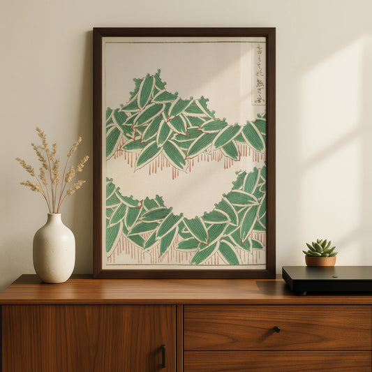Japanese Botanical Print, Vintage Woodblock Leaf Wall Art, Bijutsukai 1901, Japandi Poster – A5 Black frame