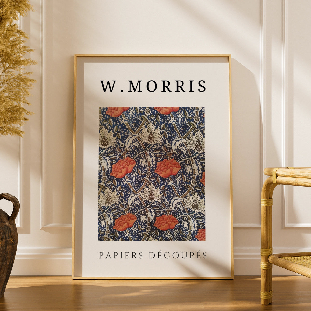 William Morris Floral Wall Art Print | Navy Blue Red Botanical Poster, Living Room Decor — Digital Download