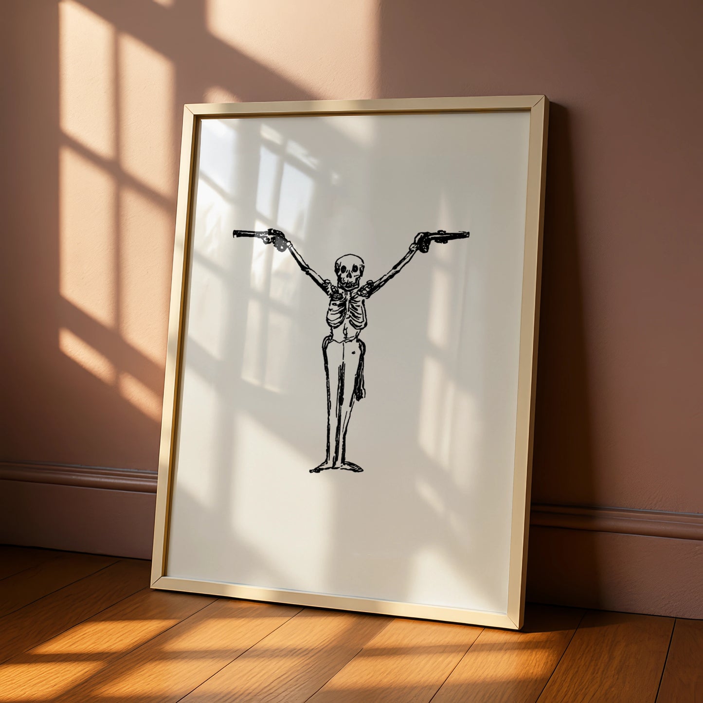Skeleton With Guns Halloween Art Print, Black White Skull Poster, Spooky Wall Art