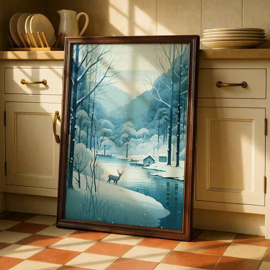 Christmas Winter Deer Poster, Snowy Forest Lake Scene, Blue Festive Wall Art Print