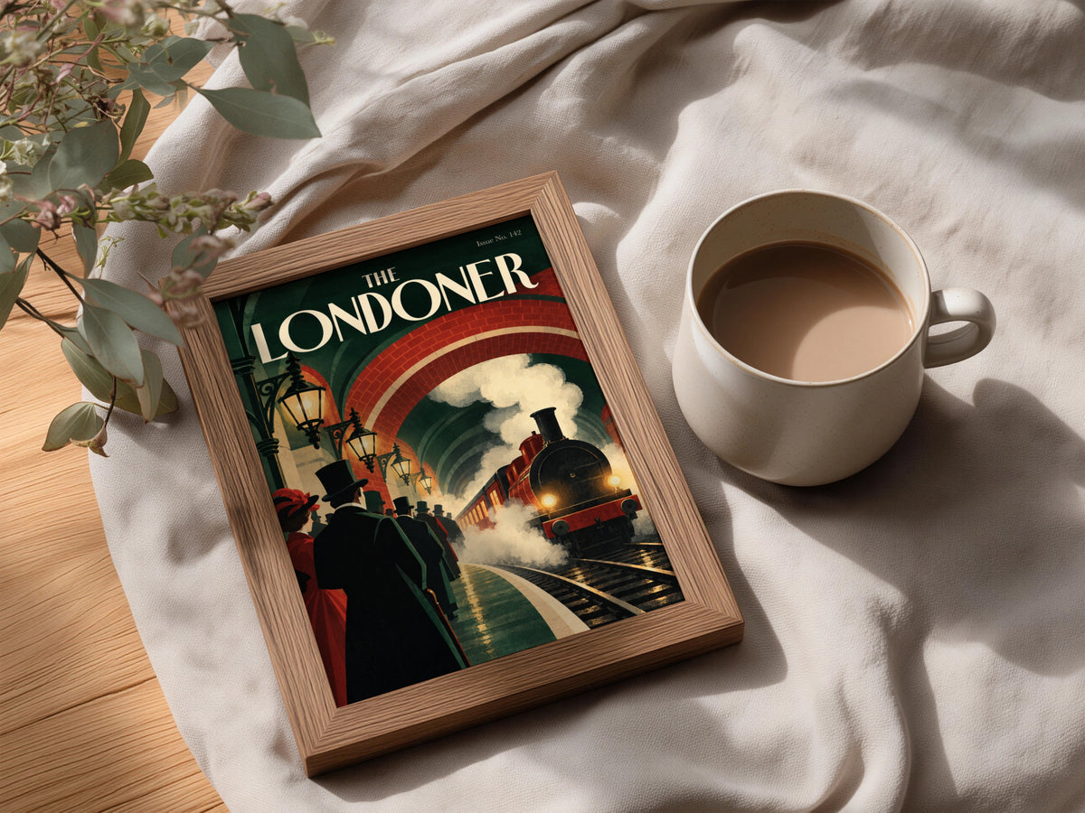 Vintage London Steam Train Poster, Victorian Railway Station Wall Art, Retro Travel Art Print